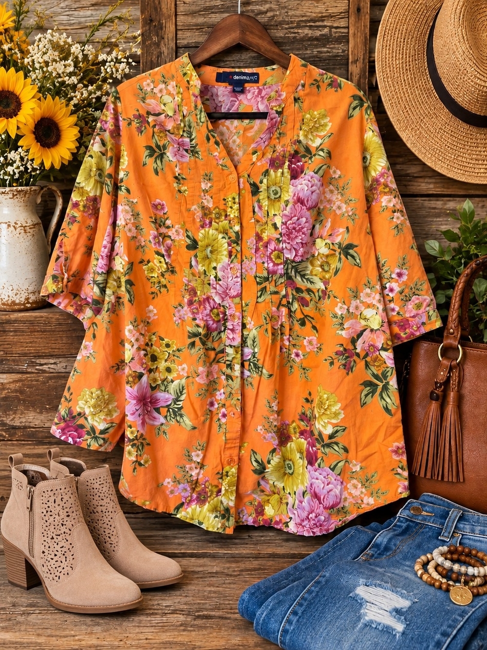 Denim 24/7 Women’s 14X Orange Floral Tunic Blouse 3/4 Sleeve Boho Plus Size